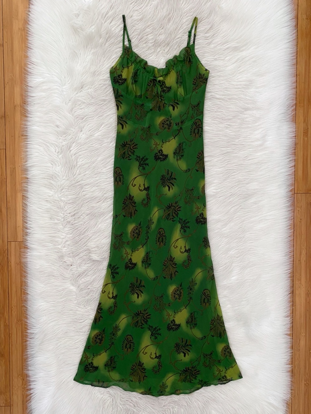 Betsey Johnson Y2K 90s Green Floral Chiffon Midi Slip Dress Gremlincore Whimsy